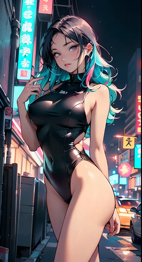 sporty girl with Asian features,(((1girl))),((anime girl with dark hair and turquoise highlights,extremely cute and beautiful walking seductively down the street)),

(large breasts:1.4),saggy breasts,(((Black hair with turquoise streaks:1.35,straight hair,...