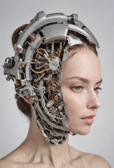 an open human head being covered mainly by the human part and another smaller part at the top of the internal mechanical gear of the head