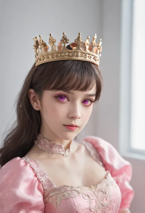 Short Girl Black Pink Eyes Pink Dress Pink 16 Years Princess Royal Dress Crown Away From Her Head Boy 16 Years Wearing Black White Hair Tends To Yellow Red Eyes Bangs Between Eyebrows Cute Boy