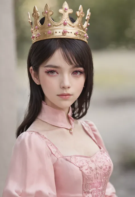 Short Girl Black Pink Eyes Pink Dress Pink 16 Years Princess Royal Dress Crown Away From Her Head Boy 16 Years Wearing Black White Hair Tends To Yellow Red Eyes Bangs Between Eyebrows Cute Boy