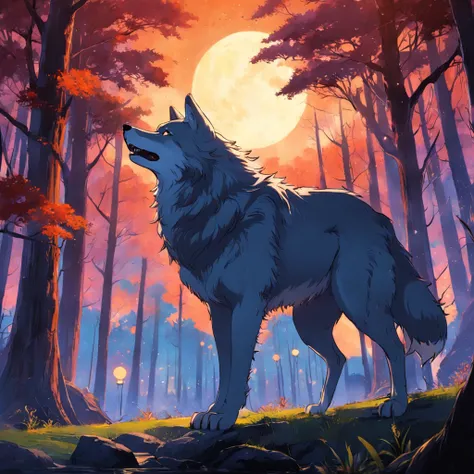 imagine um lobo que ande em um floresta a noite , que olhe a lua e intensamente