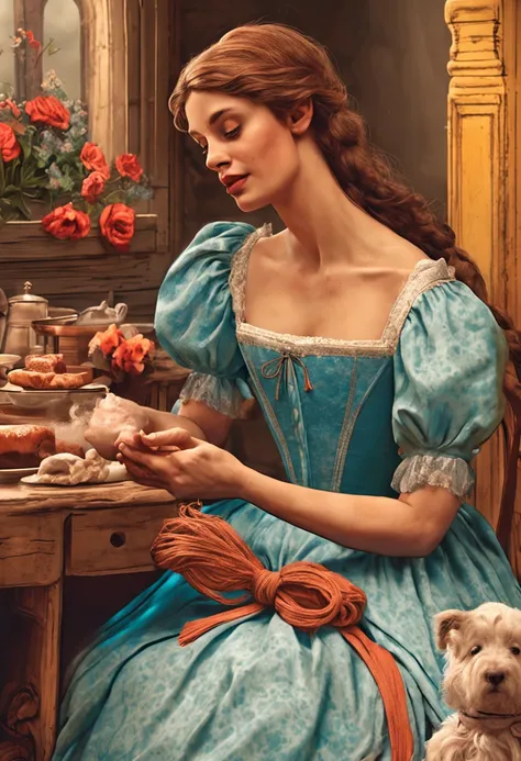 Crie uma cena da vida cotidiana de Cinderela, with her sweeping the floors and washing clothes.
Detail Cinderellas hands calloused by hard work and her determined face.
It shows the half-sisters relaxing while Cinderella works, highlighting the difference ...