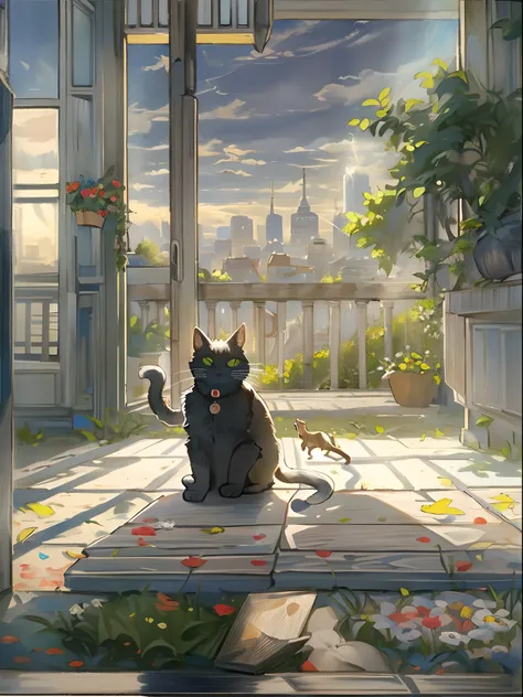 top-quality、Masterpiece、８k、Accompanied by a cat（（Cute cat））、the morning sun、A city scape