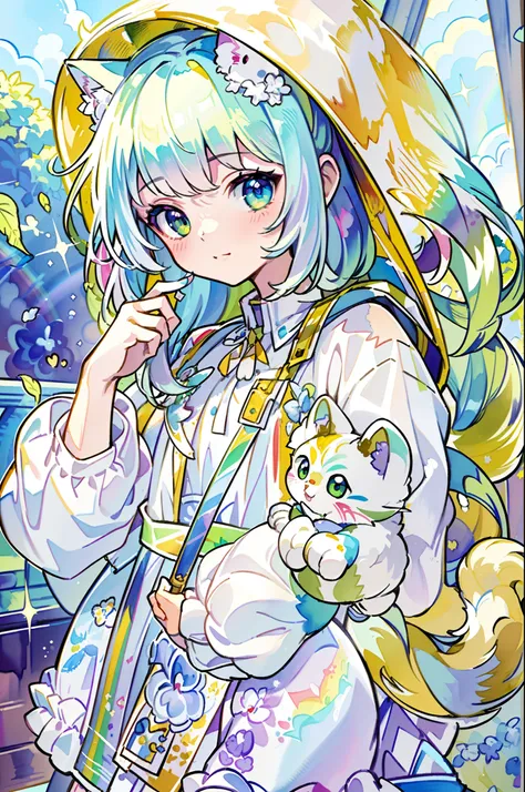 ((best quality1.2))、((masterpiece 1.2))、watercolor paiting、((fashionable clothes))、((take a cute cat 1.5))、white colors((rainbow...