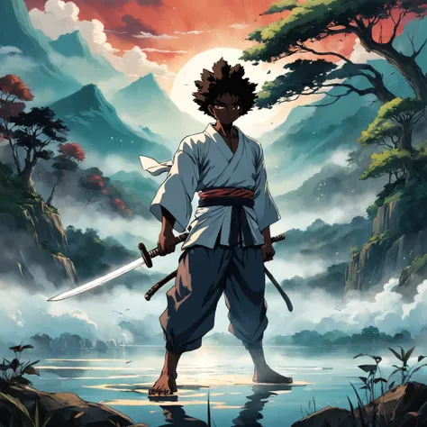 a dynamic illustration of the Afro Samurai holding his legendary katana sword in front of a serene lake, com um estilo vibrante e detalhado.