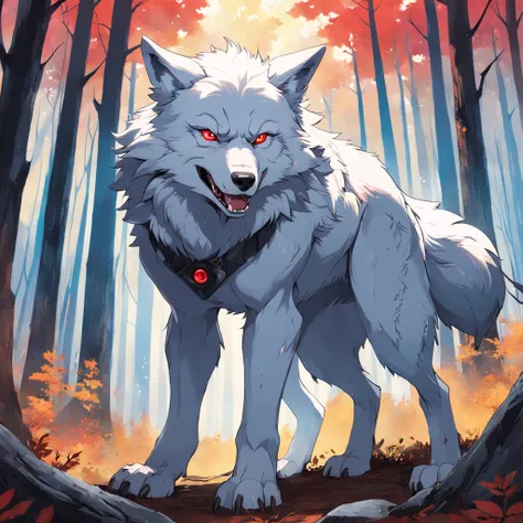 There is a wolf standing in the forest with a bright red eye, grande lobo, Ele tem olhos de lobo amarelos, lobo azul, retrato do lobo da fantasia, an anthropomorphic wolf, anime exuberante john 8k madeiras, Lobo branco com olhos azuis, lobo, anthropomorphi...