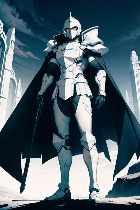 muscular man, wearing black and white sci-fi armor, (black armor plating), white cape, black and white helmet, black visor, cannon on his shoulder, standing in a desert