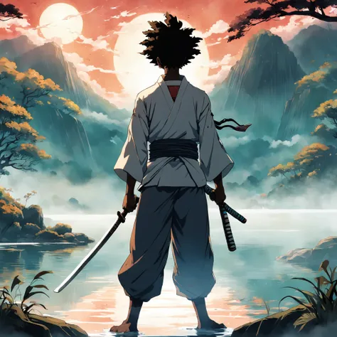 a dynamic illustration of the Afro Samurai holding his legendary katana sword in front of a serene lake, com um estilo vibrante e detalhado.