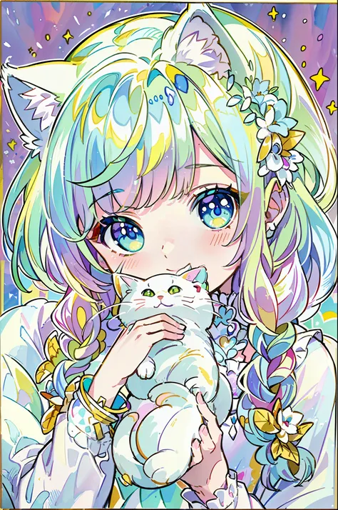 ((best quality1.2))、((masterpiece 1.2))、watercolor paiting、((fashionable clothes))、((take a cute cat 1.5))、white colors((rainbow...