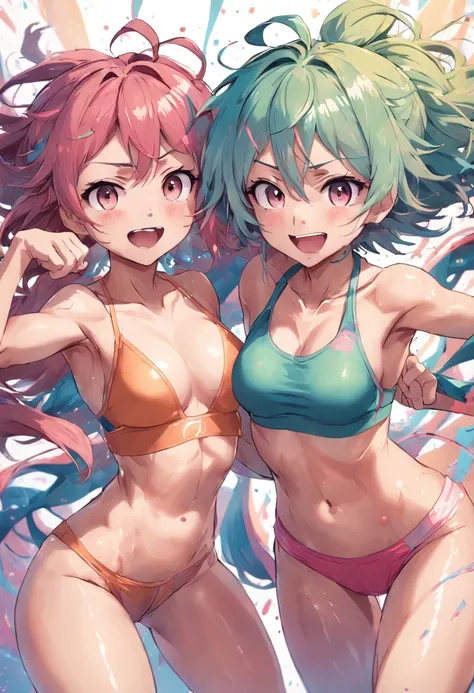 Two young women, (anime), poses de corpo inteiro, exercitando-se intensamente em uma academia, wearing sports bras and floss made of transparent fabric, com suor brilhando em seus corpos. They both have short, messy multicolored hair with smiling faces, an...