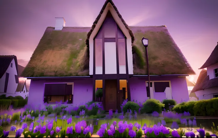 there is a white house with a thatched roof and purple flowers, dutch masterpiece, thatched houses, thatched roof, beatiful house, arhitectural shot, thatched roofs, dutch style, beautifully symmetrical, stunning image, very symmetrical, fully symmetrical,...