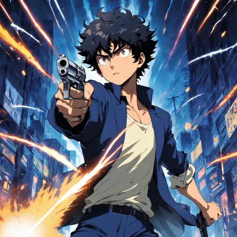 (((obra-prima))), qualidade excepcional, Ultra-detailed illustration, dynamic picture, Spike Spiegel, pistola, intense action scene.
(Remarks) Expanded upon the given prompt by adding more descriptive tags and emphasizing the dynamic action scene involving...