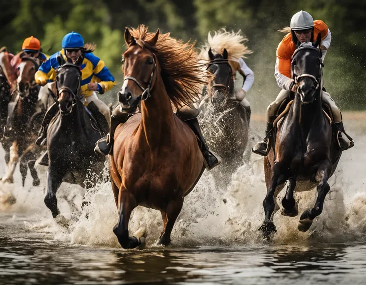 horses running in the water with a man on a horse, a picture by Juergen von Huendeberg, shutterstock, fine art, horses in run, cavalry charge, galloping, at full stride, horses, horses racing, horse is running, photo shot, cavalry, majestic horses, winning...