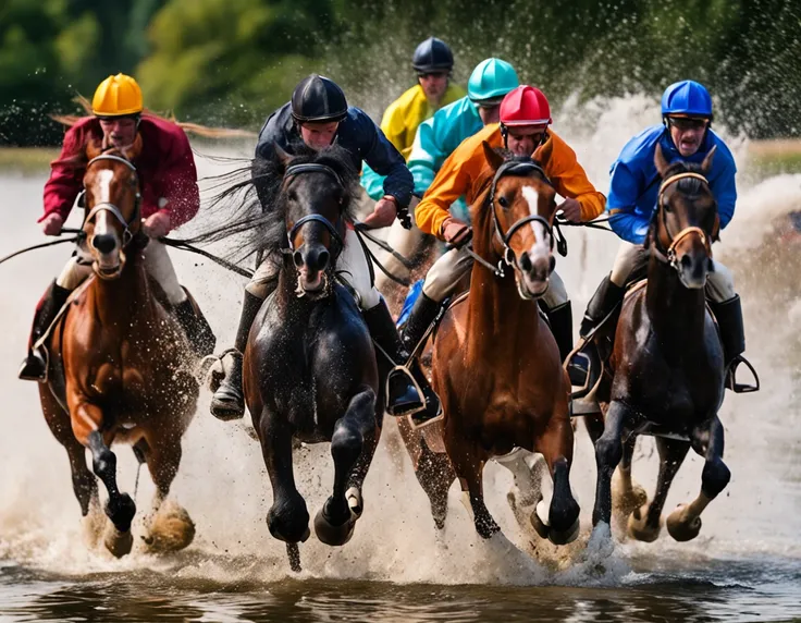 horses running in the water with a man on a horse, a picture by Juergen von Huendeberg, shutterstock, fine art, horses in run, cavalry charge, galloping, at full stride, horses, horses racing, horse is running, photo shot, cavalry, majestic horses, winning...