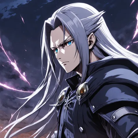 ((best quality, high resolution)), uma arte detalhada de Sephiroth, sobretudo preto, envolto em chamas, estilo final fantasy.