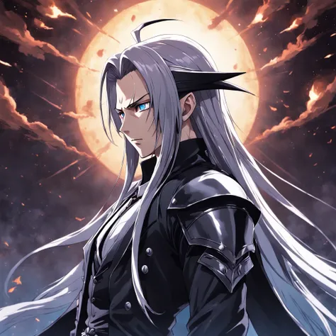 ((best quality, high resolution)), uma arte detalhada de Sephiroth, sobretudo preto, envolto em chamas, estilo final fantasy.