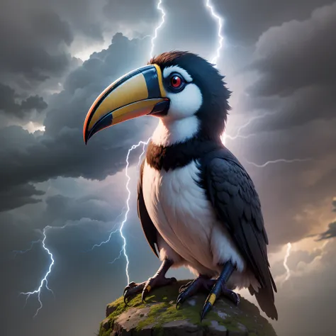 electric toucan, with the background of dark clouds and lightning. 4k  e super realistico --auto --s2