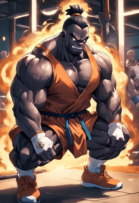 a detailed illustration Mr. Popo, Dragon Ball Z, in gym clothes training intensely in a bodybuilding gym, corpo inteiro