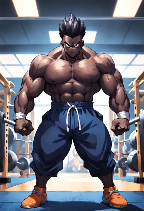 a detailed illustration Mr. Popo, Dragon Ball Z, in gym clothes training intensely in a bodybuilding gym, corpo inteiro