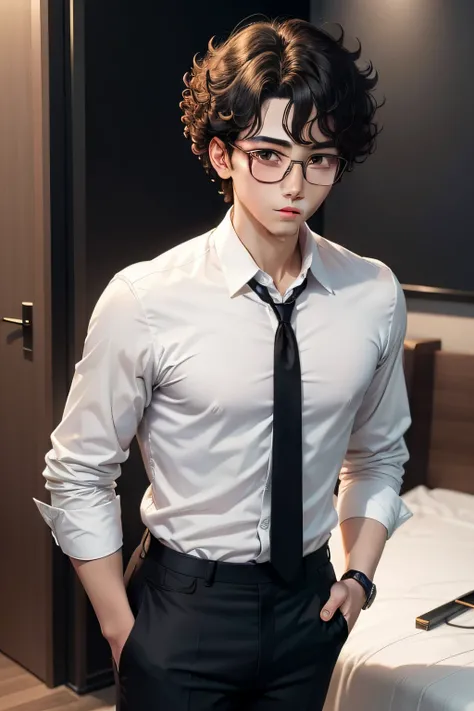 a boy with anime look wearing specs age 25 with curly hairs in white formal shirt and black pants