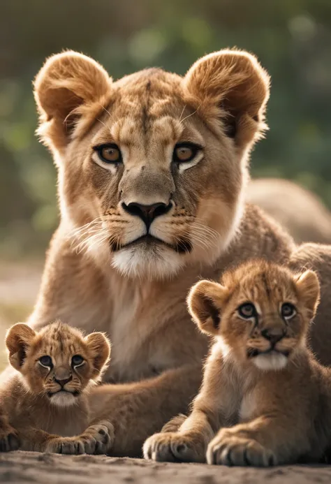 "Slender elegant lioness with short hair and big almond-shaped eyes with cute funny lion cubs on a white background"