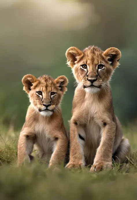 "Slender elegant lioness with short hair and big almond-shaped eyes with cute funny lion cubs on a white background"