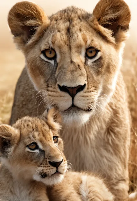 "Slender elegant lioness with short hair and big almond-shaped eyes with cute funny lion cubs on a white background"