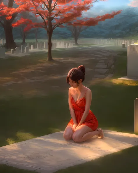 there is a woman wearing long dress sitting in a cemetery, beautiful lonely girl, sorrow, analog film, by makoto shinkai and ate...