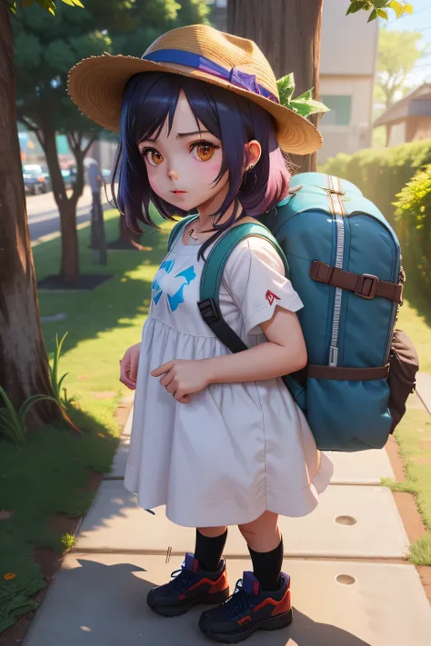 There is a girl with a small blue backpack and hat on a sidewalk, Arte no estilo de Guweiz, Estilo anime 3D realista, uma aluna hiperrealista, kawaii retrato realista, aluna hiperrealista, 3 d anime realista, photorealistic anime girl rendering, anime esti...