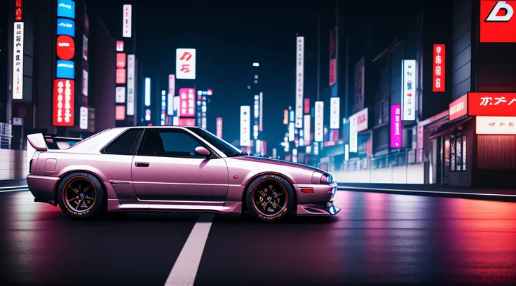 a nissan skyline r 3 2 drifting in the japanese streets at night, 3 d render, realism, octane render, synthwave, highly detailed