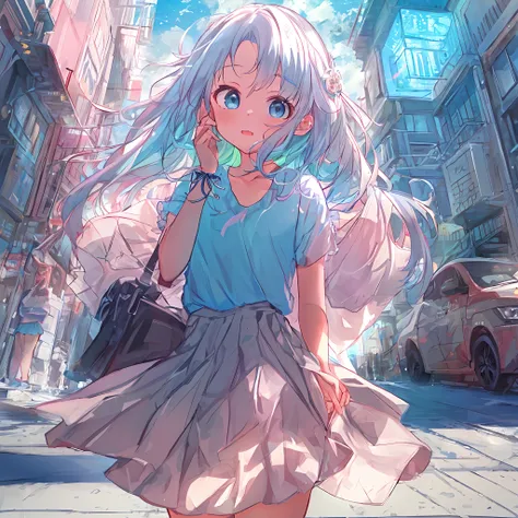 absurderes, hight resolution, (Anime style:1.1), ((masutepiece)), ((Best Quality)), (Ultra-detailed), (Beautiful), 独奏, Beautiful face、(liftup),Cute little girl standing on the street of urban red light district,Wind,Light blue hair, Blue eyes,Casual clothi...