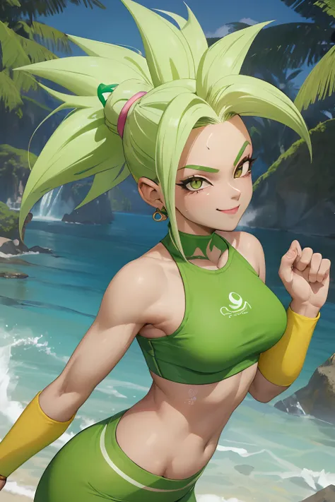 (melhor qualidade, obra-prima), cabelo verde, brincos verdes, yoga pants, yoga bra, pele apertada, tonificado, smug, sorriso, kefla, cintura fina, luz de fundo, naked