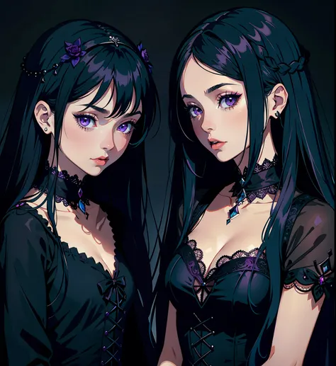 adesivo, fundo simples, portrait, 2 girls, couple, girl with long hair, beautiful gothic girl, gothic aesthetic, beautiful girl, very beautiful fantasy art, beautiful and elegant female gothic, beautiful detailed fantasy, black and purple color palate, bla...