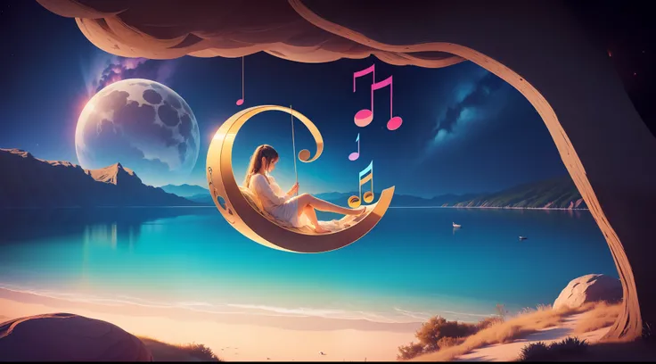 A person sleeping in a beautiful, spectacular and surprising place, floating musical notes C, D, E, F, G, A, B