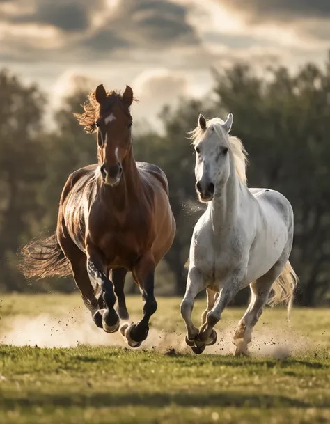 horses running in a field with a full moon in the background, a screenshot by Linda Sutton, shutterstock, renaissance, horses in run, horses, galloping, majestic horses, horses racing, horse is running, an all white horse, cavalry charge, galloping through...