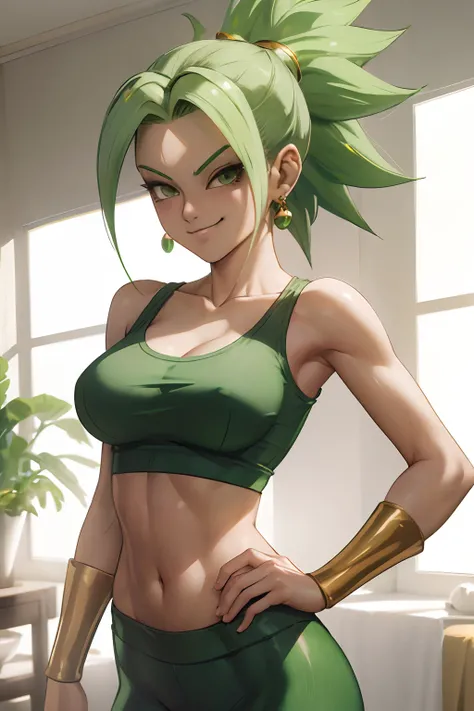 (best quality, masterpiece), green hair, green earrings, yoga pants, yoga bra, skin tight, toned, smug, smirk, kefla, thin waist, backlight,