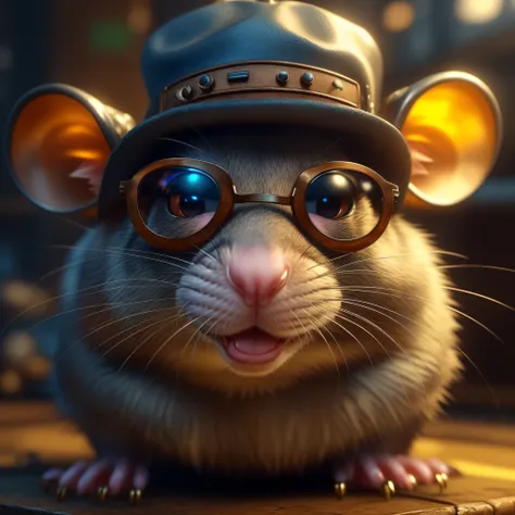 She is wearing a rat wearing a hat and glasses, Anthropomorphic gangster rat, Steampunk rat, anthropomorphic gangster rat, Anthropomorphic mouse, anthropomorphic rat, cute 3 d render, 3D anthropomorphic rat, adorable digital painting, Peoples Engineer Cybe...