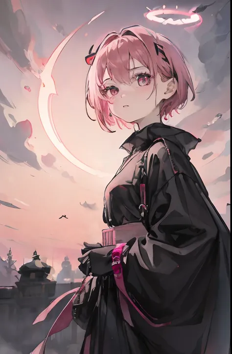 1girl, short pink hair, pink eyes, wearing black dress, absurdres, high res, ultrasharp, 4K, masterpiece, looking at viewer , have angelic pink halo