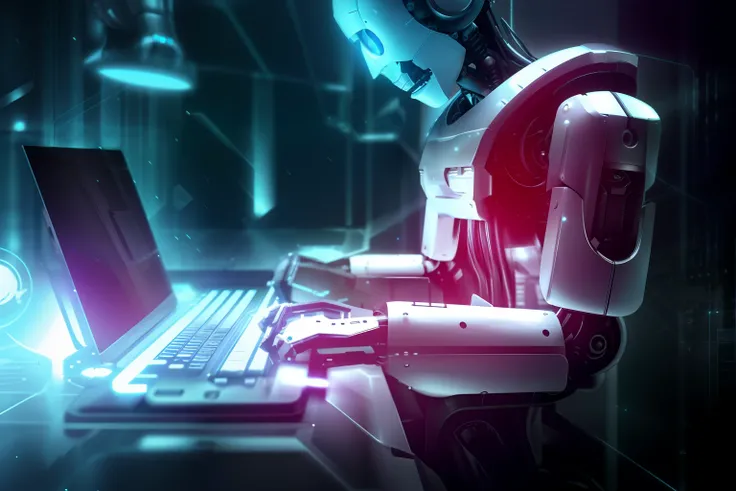 robot sitting at a desk typing on a laptop, close-up of a robot sitting down, strong artificial intelligence, Artificial intelligence, AI produzindo o realista, a still life of a robot, robot in a server room, ciborgues trabalhando, an alien working on a c...