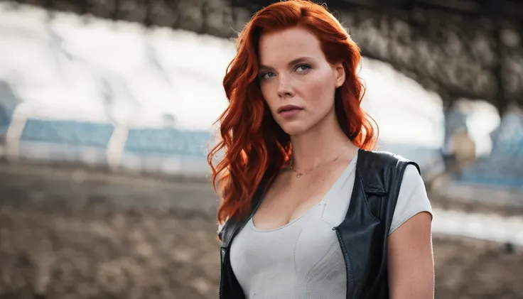 Scarlet Johansson (white top: 1.2), large breasts, black and blue leather, tattoo, hyperdetailed, ultra-sharp, long red hair in 8k, (insanely detailed: 1.5), full body photography, 20 megapixels, canon eos r3, detailed skin, pale skin