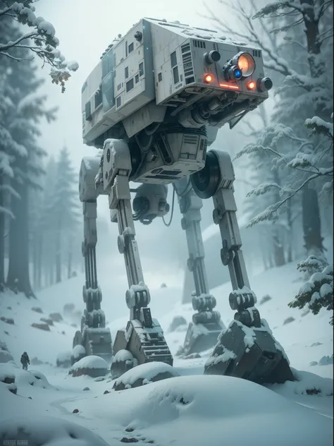 Star Wars at-st walker, snowy landscape, futuristic details, cinematic style, digital art, unreal engine, highly detailed, bokeh