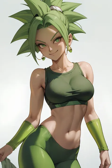 (best quality, masterpiece), green hair, green earrings, yoga pants, yoga bra, skin tight, toned, smug, smirk, kefla, thin waist, backlight,