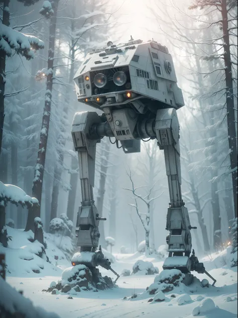 Star Wars at-st walker, snowy landscape, futuristic details, cinematic style, digital art, unreal engine, highly detailed, bokeh