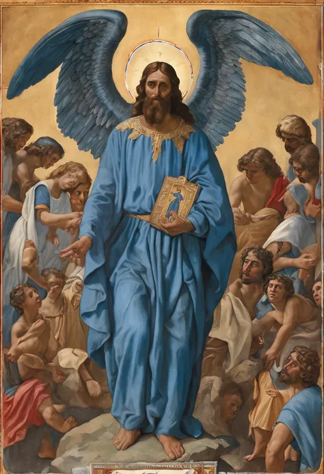 Mestre Irinepintura de um homem com uma roupa azul na frente de dois anjos, angels protecting a praying man, anjos biblicamente precisos, biblical accurate angel, ophanim has bird wings, anjo biblicamente acuado, anjos em vestidos de gaze branca, epic bibl...