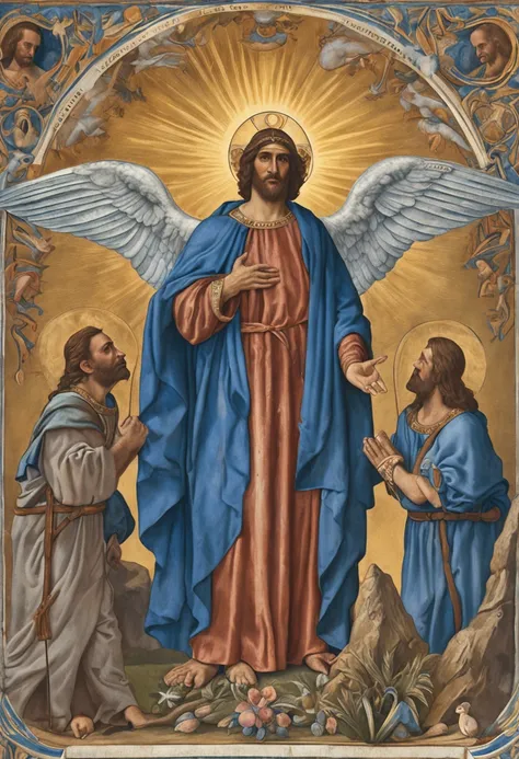 Mestre Irinepintura de um homem com uma roupa azul na frente de dois anjos, angels protecting a praying man, anjos biblicamente precisos, biblical accurate angel, ophanim has bird wings, anjo biblicamente acuado, anjos em vestidos de gaze branca, epic bibl...