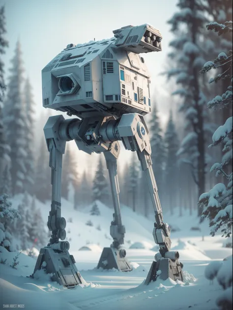 Star Wars at-st walker, snowy landscape, futuristic details, cinematic style, digital art, unreal engine, highly detailed, bokeh