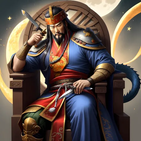 Guan Yu became emperor，High sat on the dragon chair，In his left hand, he held the Blue Dragon Moon Knife