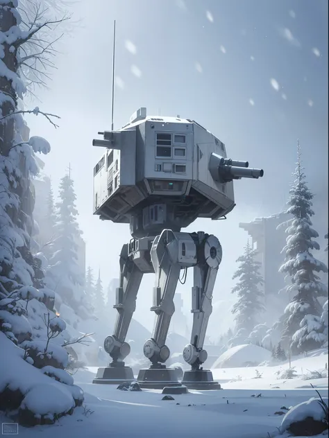 "Highly detailed and cinematic digital art of a snowy landscape with a futuristic Star Wars AT-ST walker, featuring stunning bokeh and unreal engine effects."