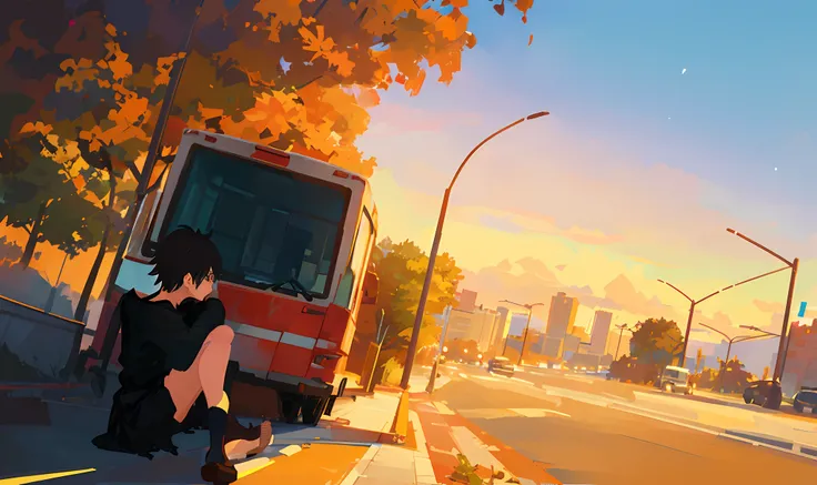 there is a woman  sitting in front of a bus, makoto shinkai cyril rolando, ( ( makoto shinkai ) ), style of makoto shinkai, mako...