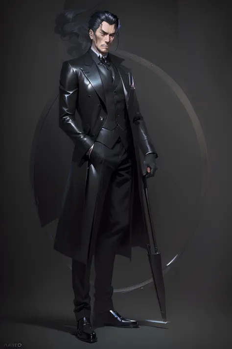 manga style, there is a man in a black suit and a long coat holding a cane, epic and classy portrait, noir film world character design, high detail iconic character, character full body portrait, ( ( character concept art ) ), 3 d render character art 8 k,...